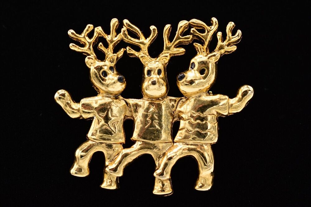 Vintage Christmas Pin Brooch Reindeer Buddies Holiday Dancing Gold 1980s BinAL